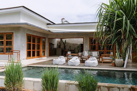 Villa exterior, dusk, tropical pavilion